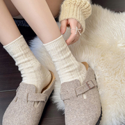 秋冬款米白色小腿袜女加厚保暖羊毛中筒袜日系甜美条纹堆堆短袜子