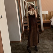 韩国prostj优雅法式天鹅绒，加长款露背吊带连衣裙