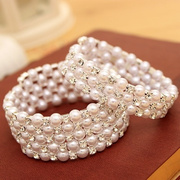 韩版时尚多层珍珠镶钻缠绕螺旋手链宽手镯，女弹力宽手环