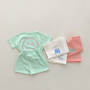 韩版ins婴幼童装糖果色棉休闲短袖，套装宝宝字母笑脸t恤短裤两件套