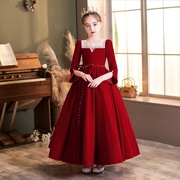 小孩子公主裙儿童礼服2024春季酒红色丝绒长袖小女孩钢琴演出走秀