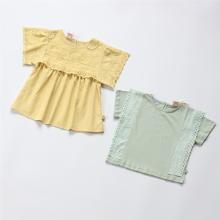内单夏季女童，甜美镂空刺绣纯棉娃娃衬衣，圆领短袖t恤