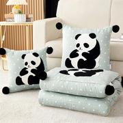 可爱熊猫抱枕被子两用水洗棉麻，夏凉被午休毯沙发午睡空调被二合一