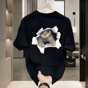夏季可爱猫咪印花丝光棉宽松圆领短袖男百搭3D立体逼真动物T恤潮