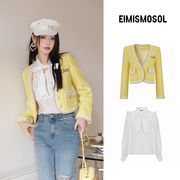 EIMISMOSOL设计师黄色珍珠镶边外套白色蝴蝶结花边衬衫蓝色牛仔裤