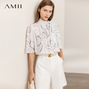 amii2024秋季雪纺衫女洋气时尚，印花飘带短袖衬衫，花瓣袖上衣