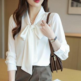 女士衬衫女秋装韩版职业气质白色雪纺衬衣蝴蝶结雪纺长袖上衣
