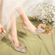 高级感主婚纱婚鞋夏季女新娘鞋水晶婚礼高跟鞋单鞋金色亮片鞋