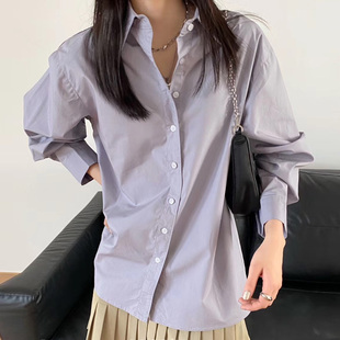自制日系温柔风淡紫色衬衫女古着vintage小众设计感宽松长袖衬衣