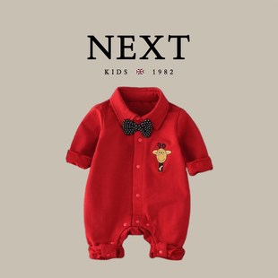 英国next男宝宝满月周岁红色礼服哈衣婴儿帅气领结长袖衬衫连体衣