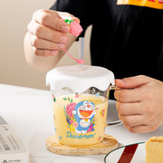 正版哆啦a梦吸管，玻璃杯带盖卡通，可爱牛奶果汁饮料杯男女学生水杯