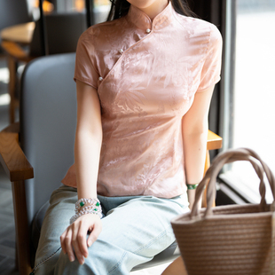 凤凰记 花期夏季女士短袖修身薄款显瘦年轻款粉色复古旗袍上衣