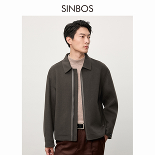 sinbos毛呢外套男短款翻领夹克，秋季全羊毛拼接双面呢子大衣潮
