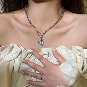 多层闪钻分裂微镶锆石爱心项链，女小众设计心形，水晶项链锁骨链