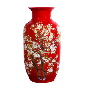 景德镇陶瓷器中国红色大高花瓶摆件客厅插花中式工艺装饰品落