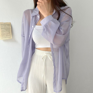 韩国chic夏季简约糖果色，翻领单排扣宽松休闲雪纺，长袖防晒衬衫上衣