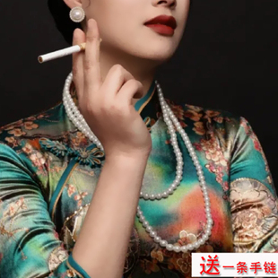 配旗袍珍珠项链多层女复古拍照摄影写真配饰品双层毛衣链短款1555