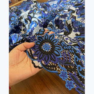 重磅高级定制水溶蓝色刺绣蕾丝布料民族风礼服撞色青花瓷旗袍面料