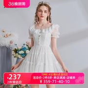 艾丽丝2024夏季泡泡袖甜美减龄公主裙白色修身显瘦短款连衣裙
