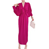 2024法式女神礼服紫玫红色V领蝙蝠袖高腰抽褶修身显瘦长裙连衣裙