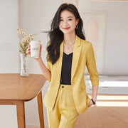 黄色花西装职业套装女2024春季工作服长袖外套直筒长裤两件套礼服
