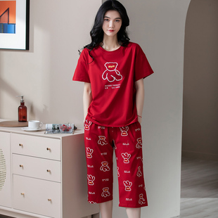 夏季睡衣女纯棉短袖七分裤，薄款全棉100%红色本命年家居服春秋套装