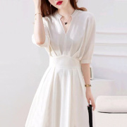 极速白色衬衫连衣裙子夏季茶歇法式收腰显瘦仙女长裙女感气质