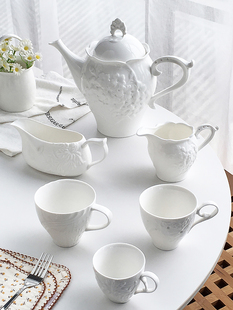 anniegarden外贸出口法式中古精致浮雕花朵陶瓷白色咖啡杯奶壶