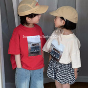 韩系儿童四色数码印花休闲T恤短袖春夏男女童圆领纯棉上衣潮
