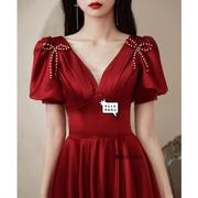 敬酒服新娘红色结婚订婚礼服连衣裙V领气质回门长款平时可穿礼服