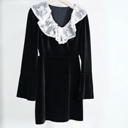 AN安suo所品牌样衣155S码黑色丝绒蕾丝装饰镂空高腰长袖连衣裙