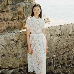 2023夏季时尚，全蕾丝气质收腰白色，长款连衣裙