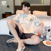 男士睡衣夏季纯棉短袖短裤，青少年韩版夏天卡通男款大码家居服套装