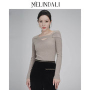 MelindaLi 23年春季款修身打底金丝燕麦驼色针织衫长袖衫女装