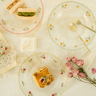 es法式浪漫玫瑰花朵复古配色，ins玻璃盘子，沙拉盘点心盘水果盘