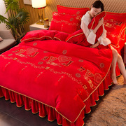 大红色加厚牛奶绒床裙四件套双面，加绒珊瑚法兰绒，结婚被套床单床上