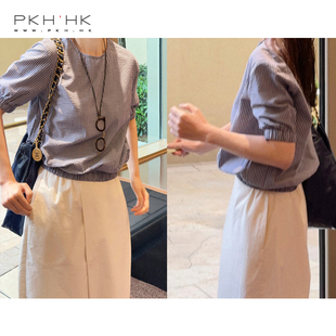 PKH.HK 特 夏季 日常清爽 舒服全棉条纹下摆收腰短袖上衣
