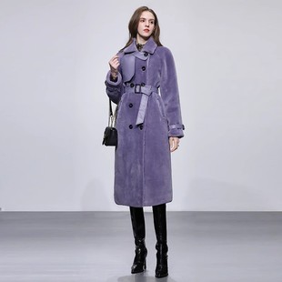 2023冬季时尚气质经典双排，扣拼接设计紫色，中长款羊毛皮草外套