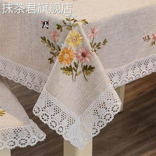 刺绣餐桌布台布棉麻绣花长方形白色蕾丝，茶几布艺盖巾欧式田园客厅