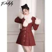 红色小香风粗花呢子长袖短款外套女装冬季高级感设计甜美减龄气质