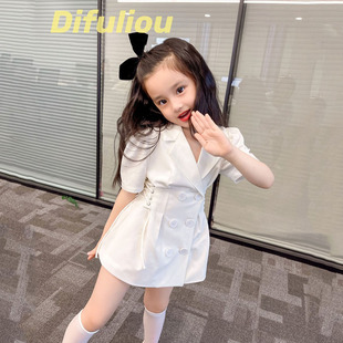 女童韩版气质短袖外套，2024夏季女宝宝白色泡泡，袖西装连衣裙潮