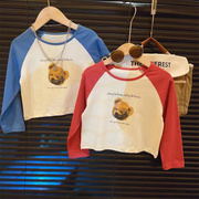 hhkids儿童可爱小熊印花长袖，t恤2024韩版女童宽松圆领上衣fct140