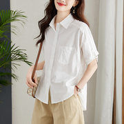 2022夏季白衬衫女中袖中长款宽松上衣韩版时尚设计感纯棉衬衣