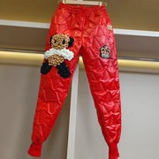 卡通小熊羽绒裤女外穿冬季松紧腰红色哈伦，裤显瘦加厚休闲束脚裤