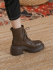 真皮棕色马丁靴女2024秋冬小个子高跟厚底增高系带，粗跟短靴子