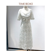Time RoaD/汤米诺方领碎花浅绿色连衣裙一字肩雪纺裙T25233191536
