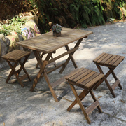 可折叠田园风简约休闲餐桌椅，复古做旧原木，家用便携实木户外桌椅子