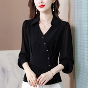 黑色雪纺衬衫女长袖，秋季2024设计感气质，上衣时尚洋气时髦小衫