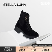 stellaluna女鞋春秋季增高短靴，牛皮圆头潮酷厚底，户外马丁靴