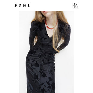 azhu软烟花立体绽放新中式黑色，烧花工艺丝绒，连衣裙女春季长裙